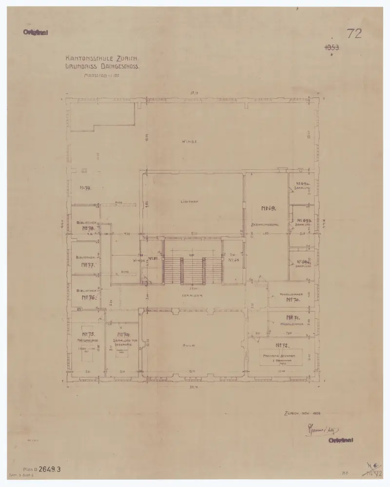 Alte Kantonsschule (Seminar), Rämistrasse 59: Grundrisse: Dachgeschoss; Grundriss