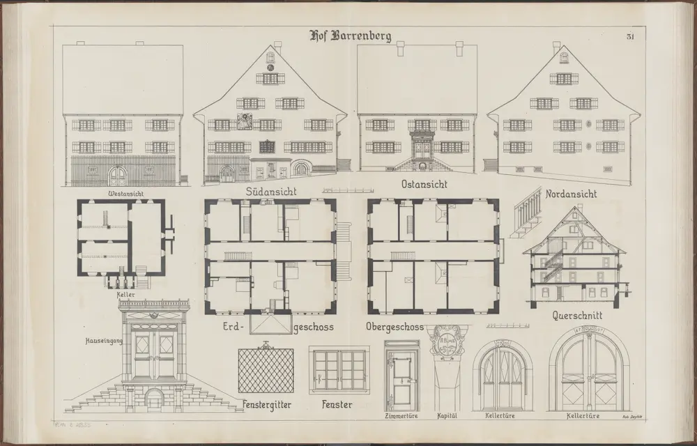 Das Bauernhaus im Kanton Zürich: Bubikon: Hof Barrenberg; Ansichten, Grundrisse und Querschnitt (Nr. 31)