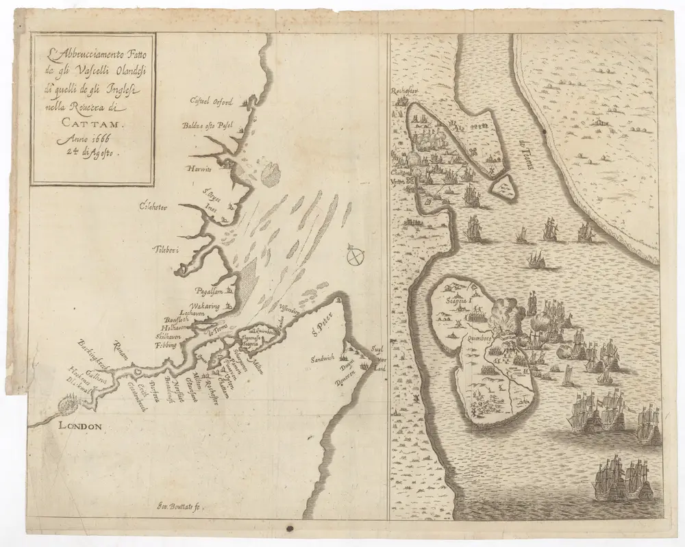 L'abbrucciamento fatto da gli vascelli Olandesi di quelli de gli Inglesi nella réuéera di Cattam anno 1666 24 di agosto