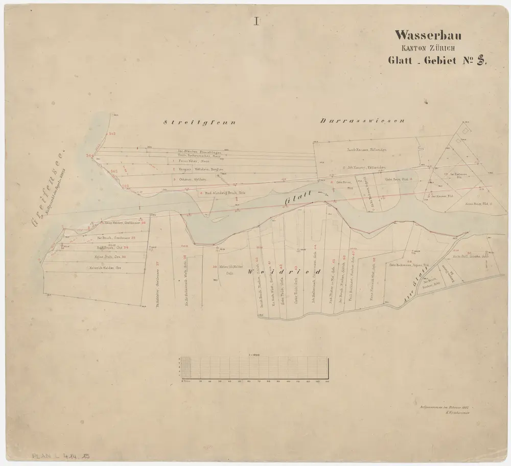 Fällanden bis Wallisellen: Greifensee bis zum Neugut in Wallisellen, projektierte Glattkorrektion; Grundrisse (Glatt-Gebiet Nr. 3): Blatt I: Glatt beim Ausfluss aus dem Greifensee; Grundriss (Glatt-Gebiet Nr. 3)