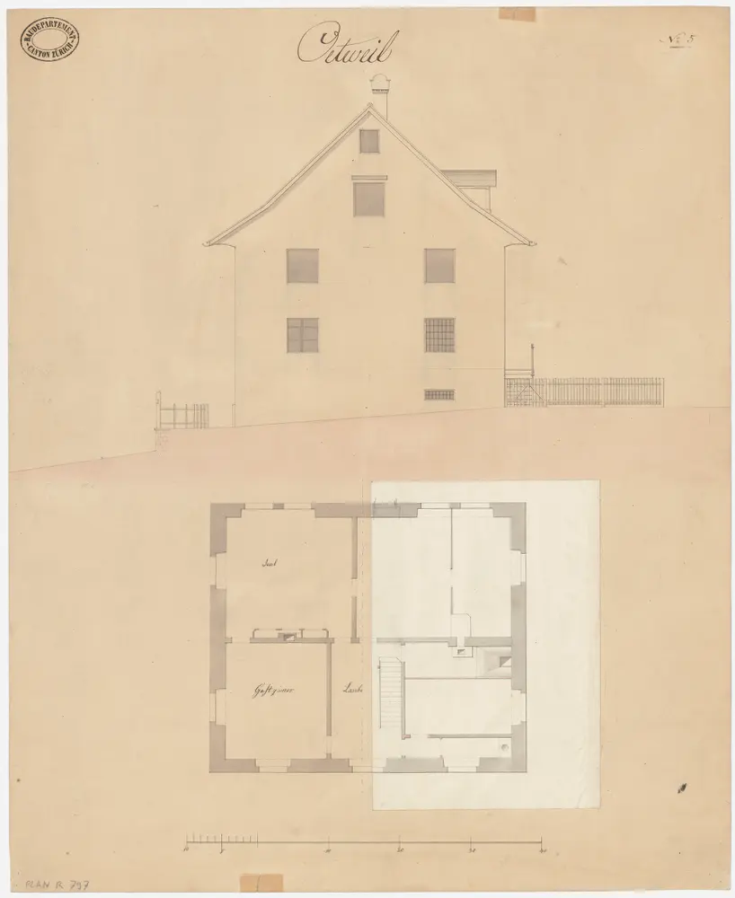 Oetwil am See: Pfarrhaus; Nordwestansicht und Grundriss des 1. Stocks (Nr. 5)