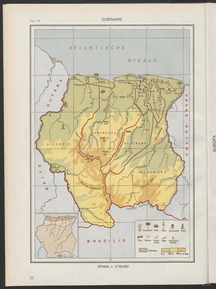 Suriname: Kustvlakte, Savenne, Oerwoud [Kaart 16, inset]