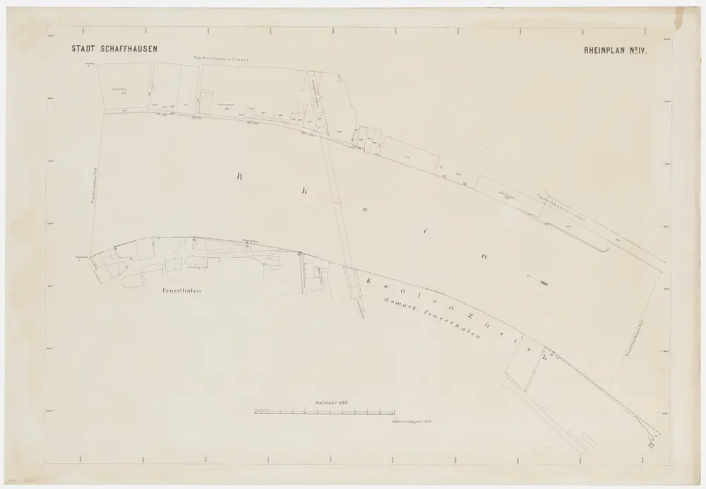 Feuerthalen, Flurlingen, Schaffhausen: Grenze zwischen den Kantonen Zürich und Schaffhausen beim Rhein zwischen Langwiesen und Flurlingen; Grundrisse: Blatt 4: Kantonsgrenze zwischen Schaffhausen (Fischerhäuserstrasse) und Feuerthalen; Grundriss