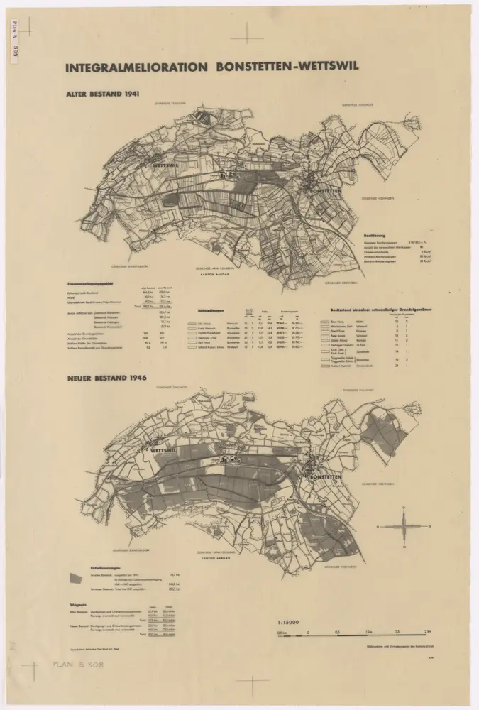 Bonstetten, Wettswil am Albis (damals Wettswil): Integralmelioration, alter Bestand 1941 und neuer Bestand 1946; Übersichtsplan