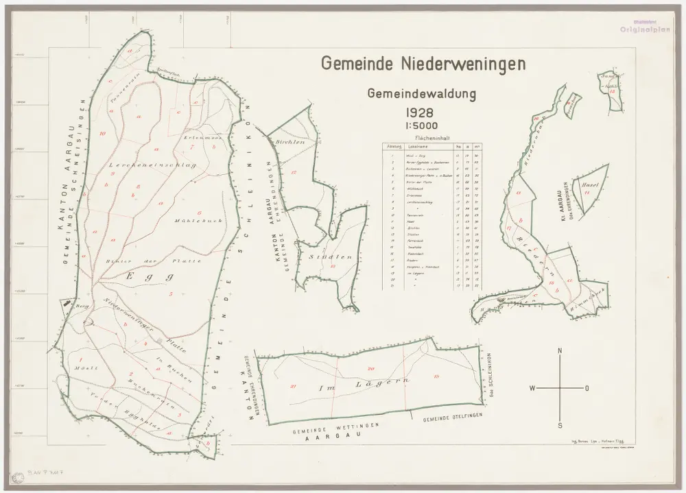 Niederweningen: Gemeindewaldung: Egg, Birch (Birchlen), Stüdlen, Im Lägern, Rieden (Riedern), Hasel, Sandhöli (Sandhöhle), Forenbuk (Forrbuck), Hangleten, Himibuck (Himmibuck); Übersichtsplan