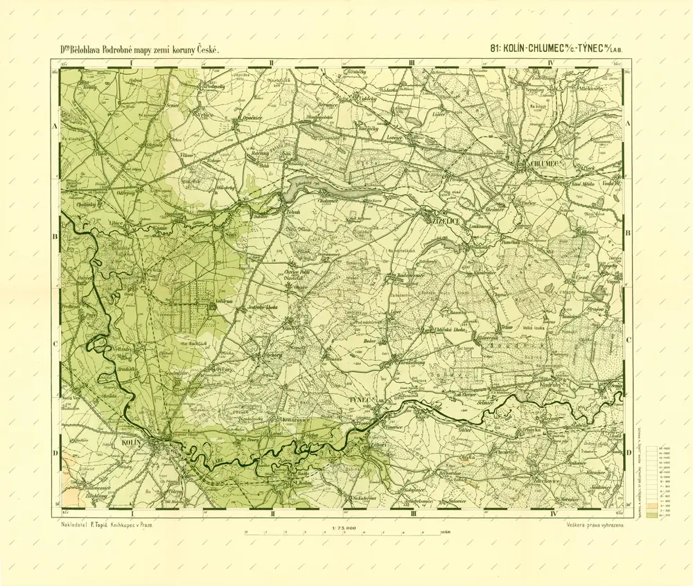 Podrobné mapy zemí Koruny české v měřítku 1:75.000 a mapa vzdáleností všech míst při silnici ležících - Kolín - Chlumec N. C - Týnec N. Lab.. Průvodce statisticko-historický po všech místech na těchto mapách uvedených a rejstřík věcný názvů hor, potoků, řek, rybníků atd. Sešit 20. List 81,