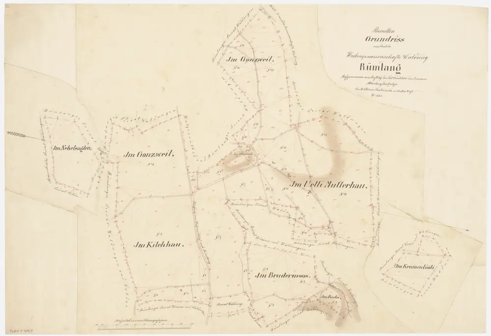 Rümlang: Gemeinde-, Genossenschafts- und Hubengenossenschaftswaldungen: Hubengenossenschaftswaldungen Nebetsaglen, Gunzwil (Gonzweil), Chilenhau (Kilchhau), Bruedermoos (Brudermoos), Fuchs, Uelimueterhau (Im Uelli Mutterhau), Chrumenlöli (Im Krummenlööli); Grundrisse