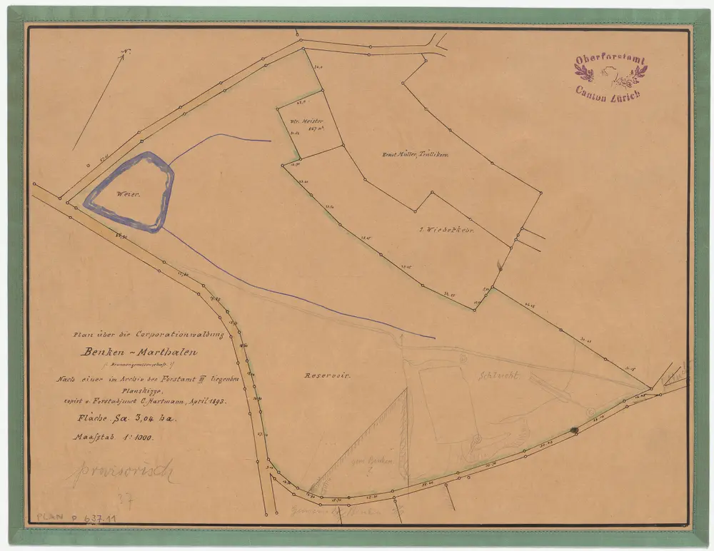 Benken: Gemeinde- und Genossenschaftswaldungen: Genossenschaftswaldung Benken-Marthalen (Brunnengenossenschaft) mit Schluecht (Schlucht), Reservoir, Weiher; Grundriss