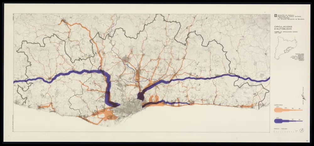 Circulacions d'autobusos : nombre de circulacions diàries (juny 1992) : Barcelonès, Maresme, Vallès oriental, Vallès occidental, Baix Llobregat, Alt Penedès, Garraf