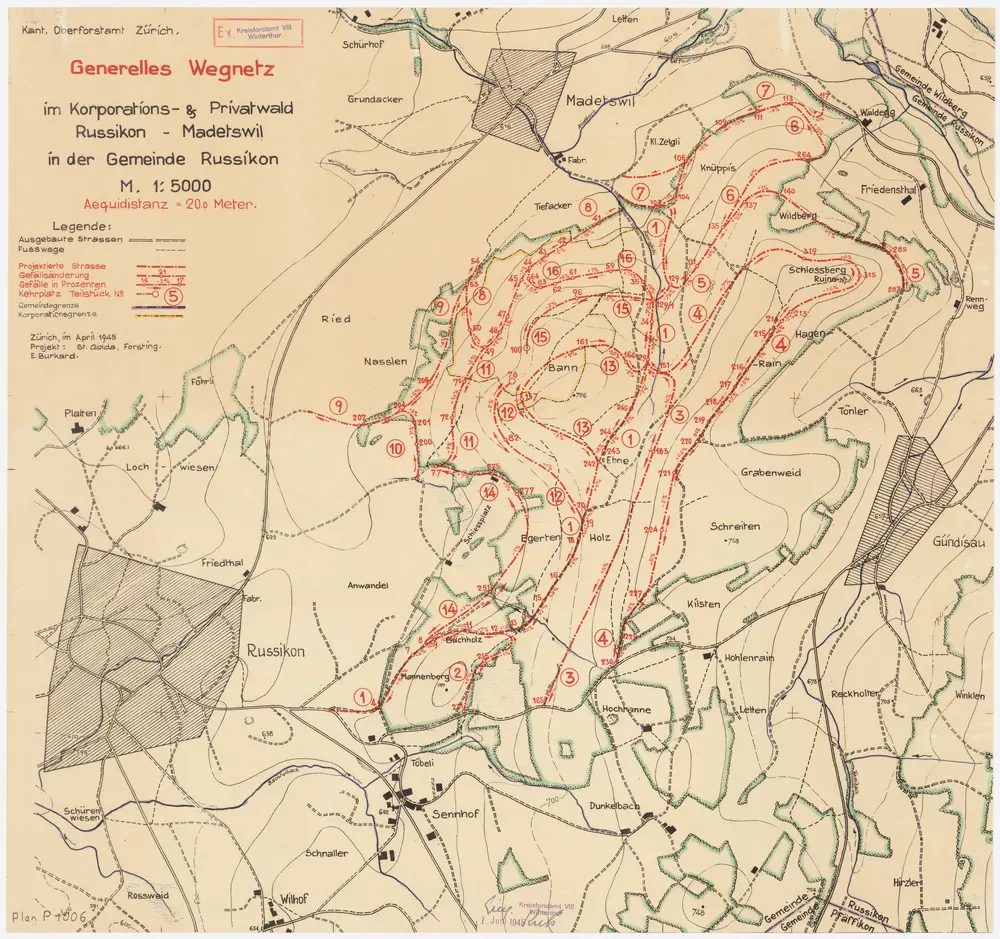 Russikon: Generelles Wegnetz in den Genossenschafts- und Privatwaldungen Russikon-Madetswil; Grundriss