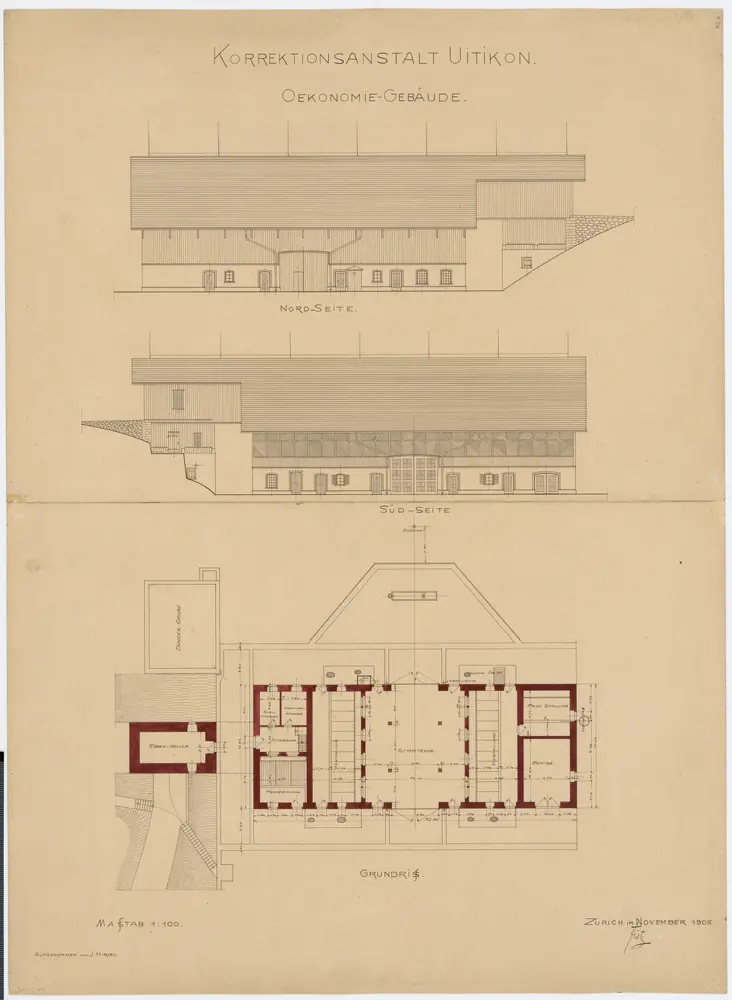 Uitikon: Korrektionsanstalt, Ökonomiegebäude; Ansichten und Grundriss
