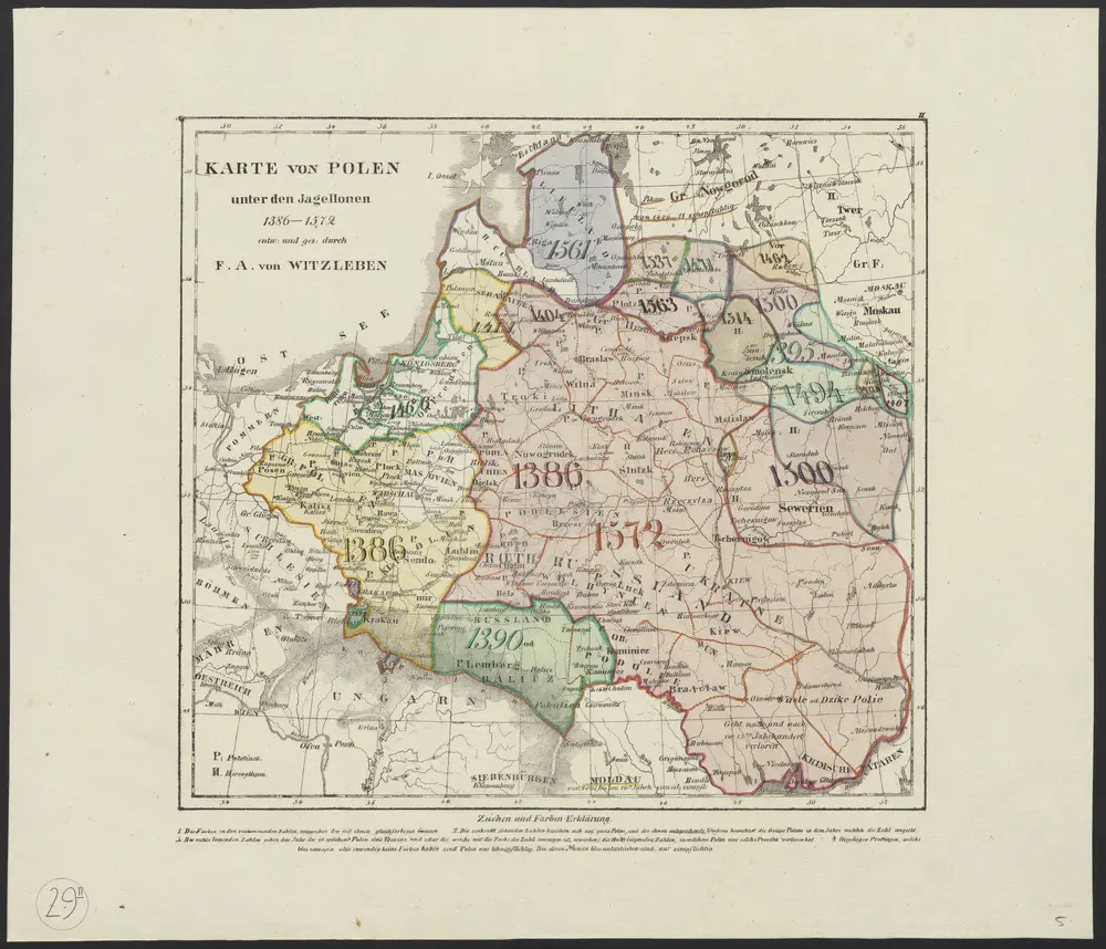 [Geschichtlich-geographische Entwickelung des Zuwachses und der Abnahme des polnischen Reiches vom Jahre 992 bis zum Jahre 1831, dargestellt in fünf Karten] : II. Karte von Polen unter dem Jagellonen, 1386-1572