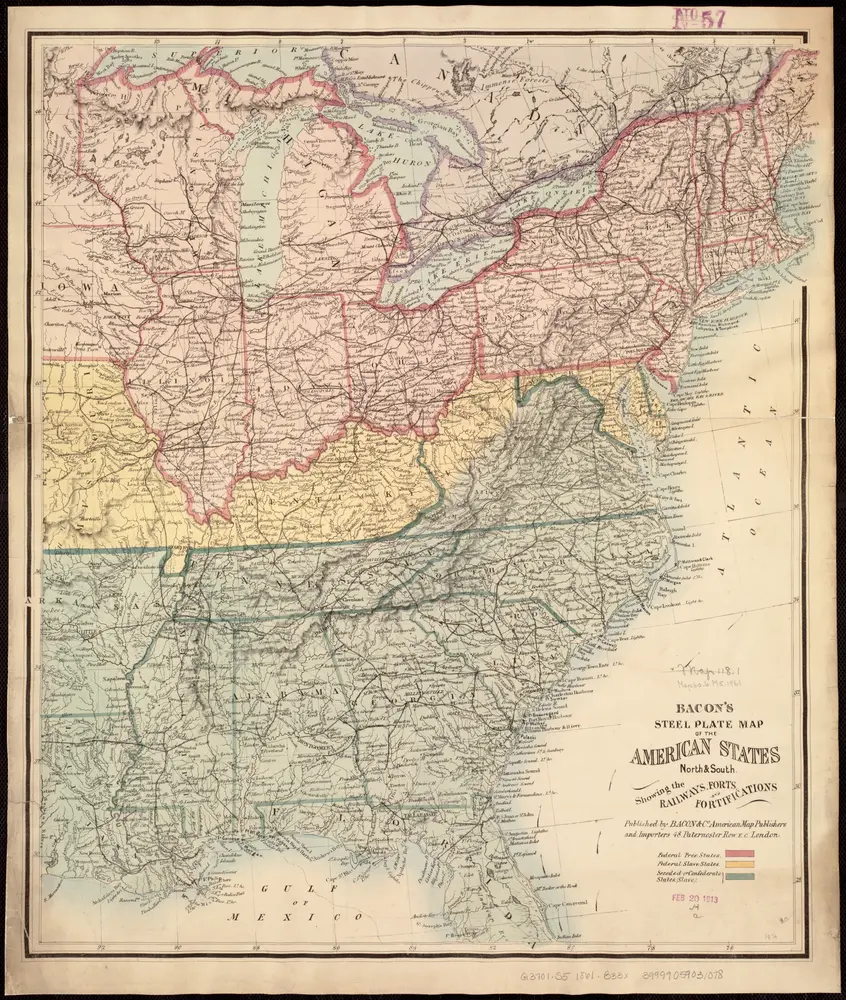 Bacon's steel plate map of the American states north &south, showing the railways, forts, and fortifications