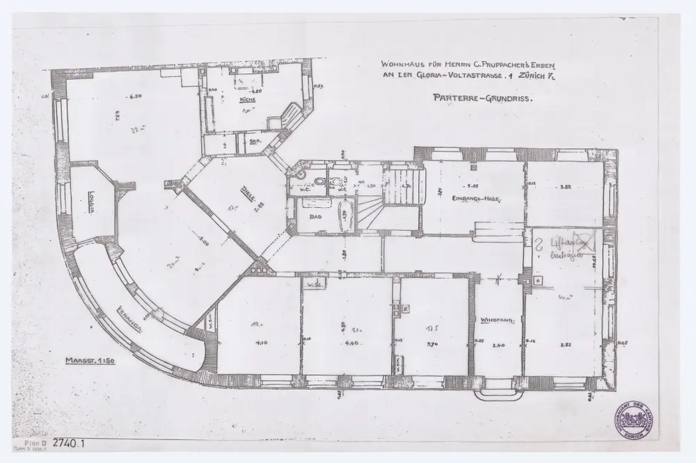 Wohnhaus für die Erben von C. Pruppacher, Voltastrasse 1: Grundrisse: Erdgeschoss; Grundriss