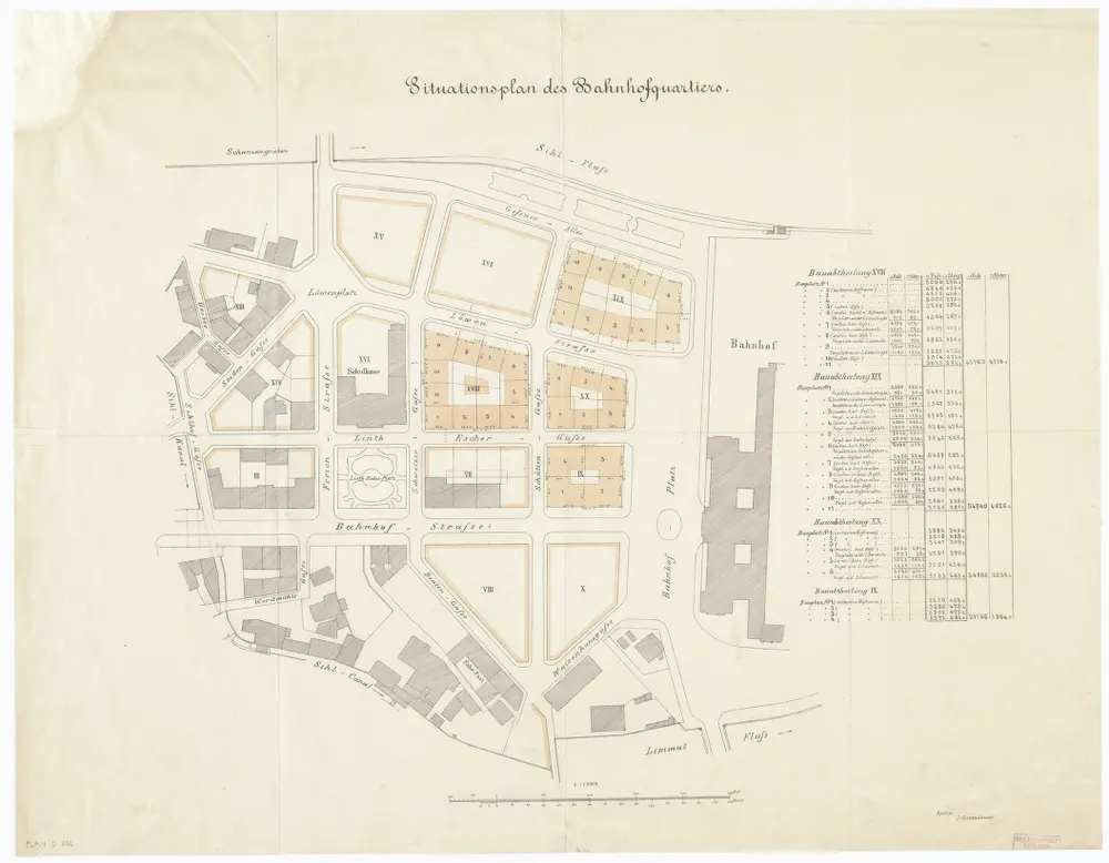 Bahnhofquartier, Einteilung der Bauabteilungen und Bauplätze: Situationsplan