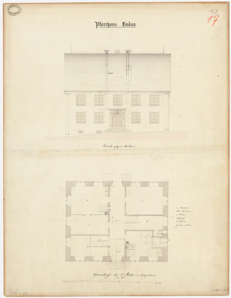 Lindau: Pfarrhaus; Nordansicht und Grundriss des 1. Stocks (Nr. 17)