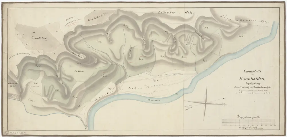 Kyburg, Töss, Illnau-Effretikon (damals Illnau), Schlatt: Staatswaldung: Kyburg, Töss, Illnau-Effretikon (damals Illnau): Bannhalden mit Chämletertobel (Kämleter Tobel), Grossholz, Homelholz (Homelacker Hölzli), Leisacher (Leisacker); Grundriss