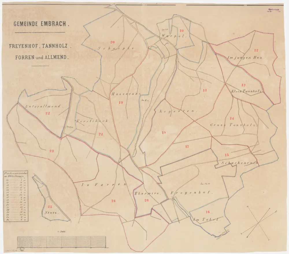 Embrach, Pfungen: Gemeindewaldung Embrach: Embrach: Tannholz, Ägerten (Aergerten), Im jungen Hau, Gross Tannholz, Chli Tannholz (Klein Tannholz), Foren (In Forren), Eberwisen (Eberwies), Freienhof (Freyenhof), Schachenrain, Tobel, Oberalmet (Oberallmend), Unteralmet (Unterallmend), Förlibuck (Förrlibuck), Schuepis, Hasentanz, Warpel, Stutz;