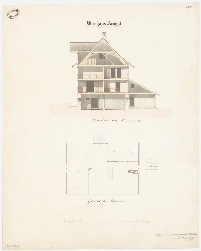 Aeugst am Albis: Pfarrhaus; Querschnitt und Grundriss des Dachgeschosses (Nr. 8)