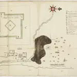 Kaart voorstellende (volgens Leupe) het fort Claverblad en omgeving op Soela Besi. Met karton voorstellende het fortje op grooter schaal.