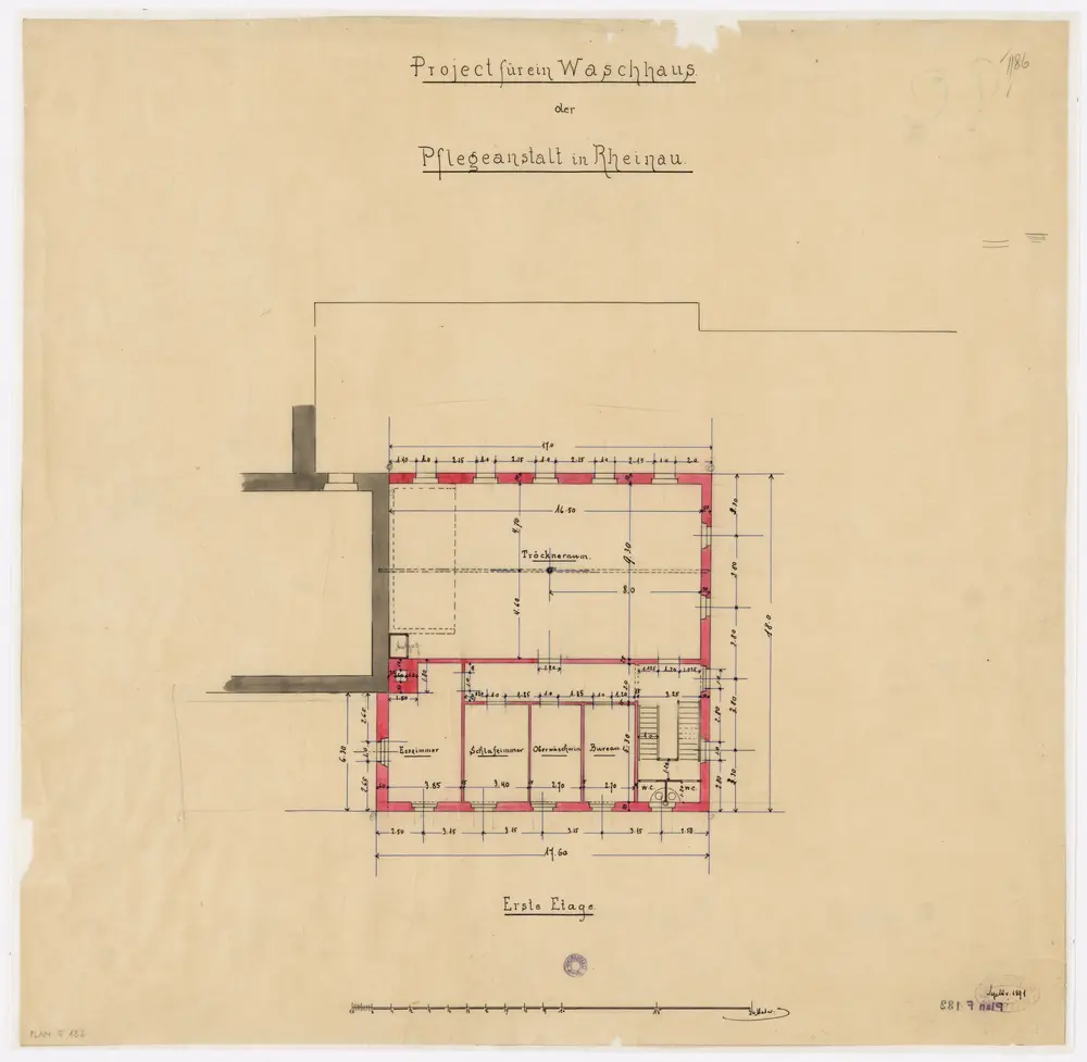 Pflegeanstalt Rheinau: Projektiertes Waschhaus, 1. Stock; Grundriss