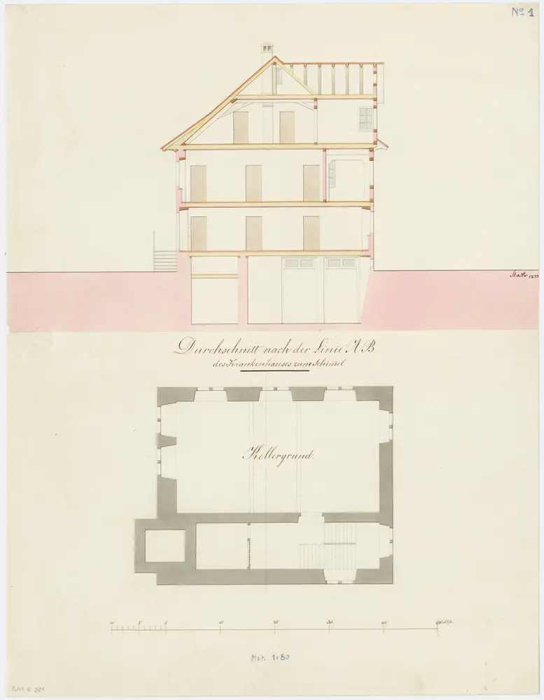 Aussersihl: Krankenhaus im Schimmel, Kellergeschoss; Grundriss und Schnitt