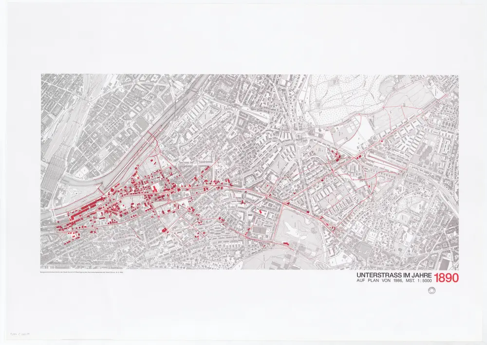 Historische Bauzustände der Zürcher Aussenquartiere in 48 Blättern: Unterstrass im Jahre 1890 auf einem Plan von 1986; Übersichtsplan