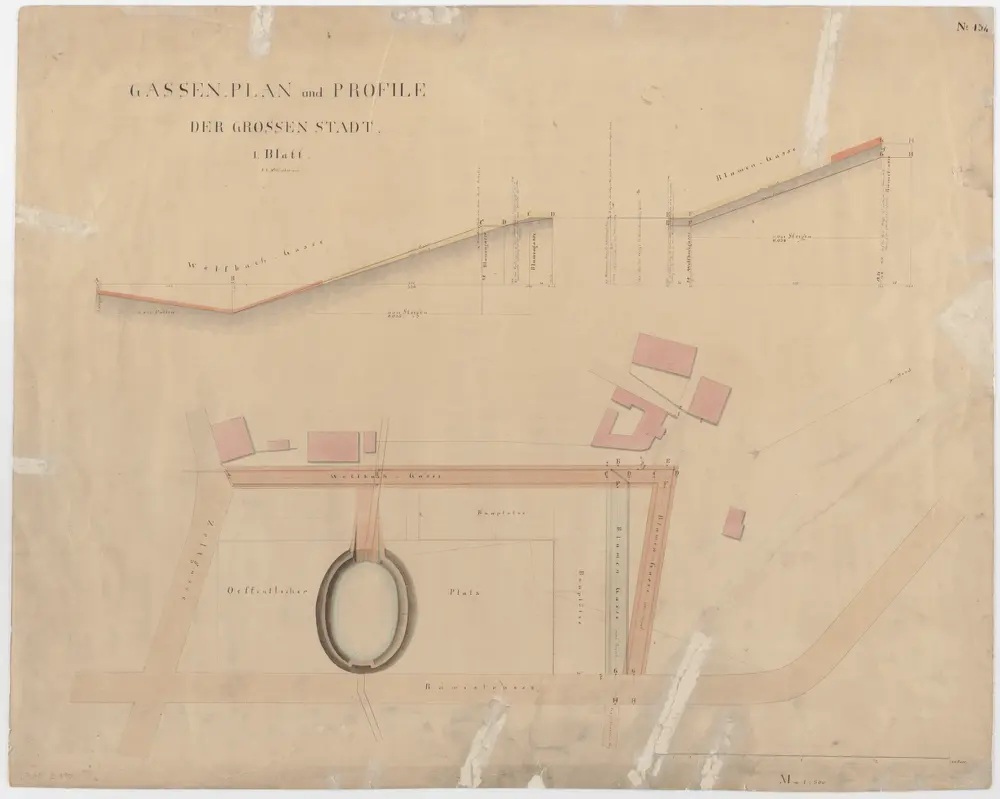 Zürich: Gassenplan und Profile der Grossen Stadt, Blatt 1 (Gegend Wolfbach/Zeltweg/Rämistrasse/Blumengasse)