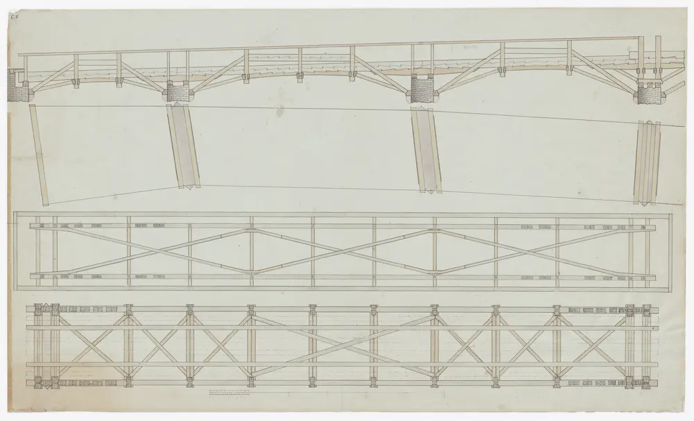 Eglisau: Projektierte Rheinbrücke, Holzkonstruktion; Grundrisse und Längsschnitt