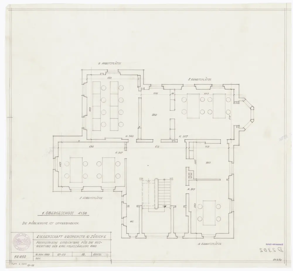 Schindlergut Zürich 6, Liegenschaft Kronenstrasse 10: 1. Obergeschoss; Grundriss