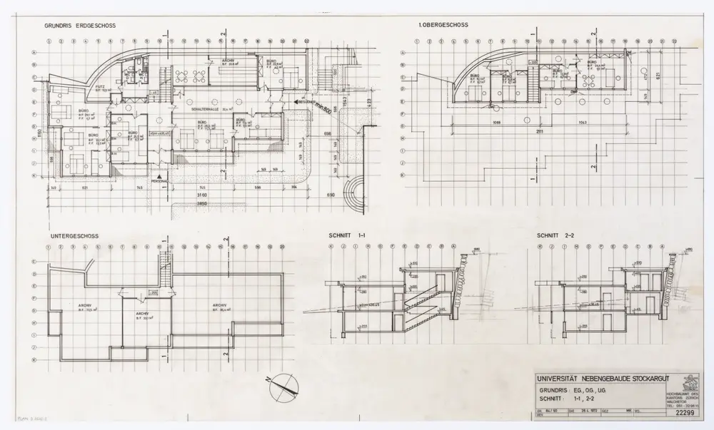 Universität Zürich (Nebengebäude Stockargut): Ansichten, Grundrisse und Schnitte: Untergeschoss, Erdgeschoss und 1. Stock; Grundrisse, Schnitte 1-1 und 2-2