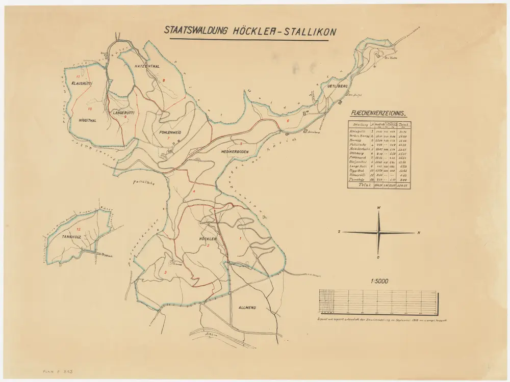 Stallikon: Staatswaldung Höckler mit Mädikerboden (Medikerboden), Üetliberg, Folenweid (Fohlenweid), Hatzenthal, Langrüti (Langerüti), Niggital (Niggithal), Chlausrüti (Klausrüti), Tannholz; Grundrisse