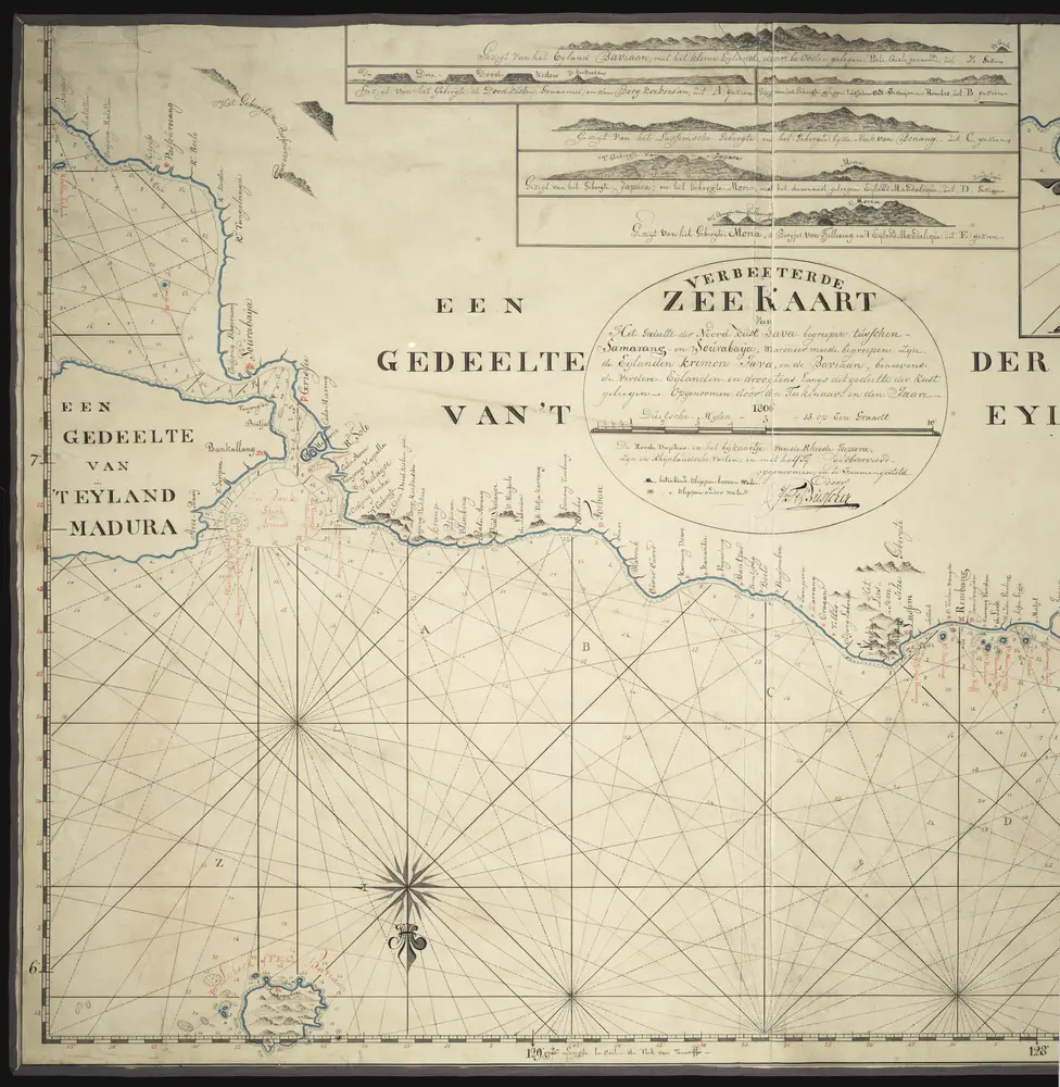 Geteekende verbeterde zeekaart van het gedeelte der Noordkust van Java, begrepen tusschen Semarang en Soerabaja, benevens de eilanden Krimon-Java, de Baviaan en de verdere eilanden en droogtens, langs dat gedeelte der kust gelegen. Getekend door J.T. Busscher.