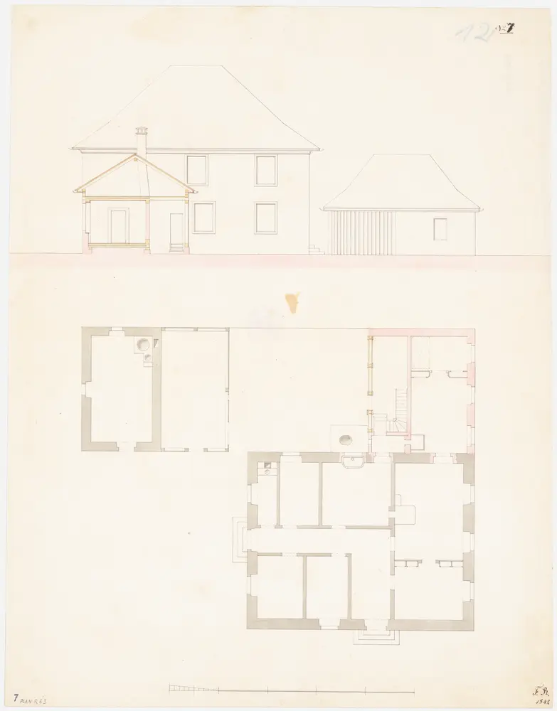 Bäretswil: Pfarrhaus; Nordwestansicht und Grundriss des Erdgeschosses (Nr. 7)