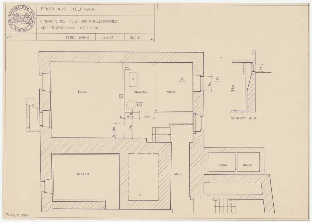 Otelfingen: Pfarrhaus, Einbau eines Heiz- und Kohleraums; Grundriss