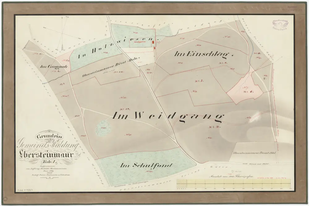 Steinmaur: Gemeinde- und Genossenschaftswaldungen: Obersteinmaurer Gemeindewaldungen Guggach, Holzwis (Holzwiesen), Weidgang, Ischlag (Im Einschlag), Obersteimerer Schuelfond (Im Schulfond); Grundriss (Tab. I)