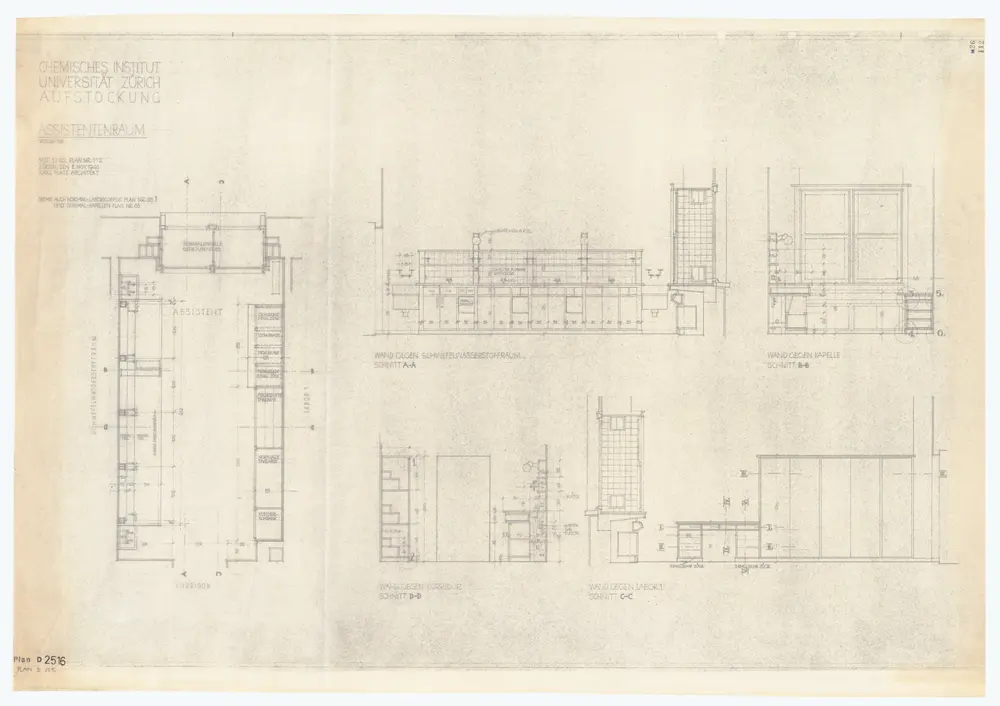 Universität Zürich (Chemisches Institut), Rämistrasse 74 und 76: Aufstockung, Assistentenraum; Ansichten, Grundriss und Schnitte