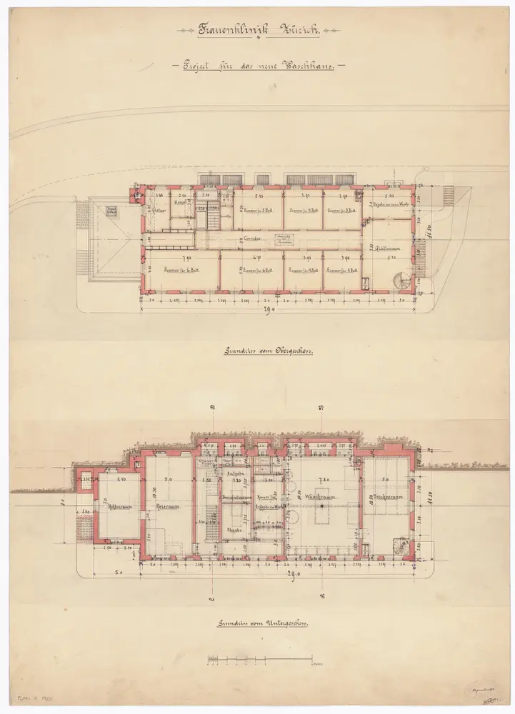 Frauenklinik Zürich, projektiertes neues Waschhaus: Unter- und Obergeschoss; Grundrisse