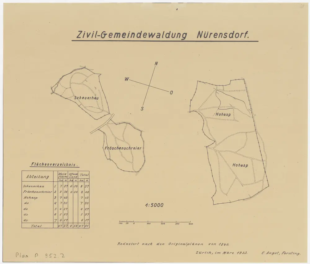 Nürensdorf: Genossenschafts- und Zivilgemeindewaldungen Nürensdorf: Gemeindewaldungen Honasp (Hohasp), Fröschenschreier, Schürhau (Scheuerhau); Grundrisse