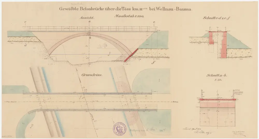 Bauma: Bei Wellenau, Töss mit gewölbter Betonbrücke; Ansicht, Grundriss und Schnitte