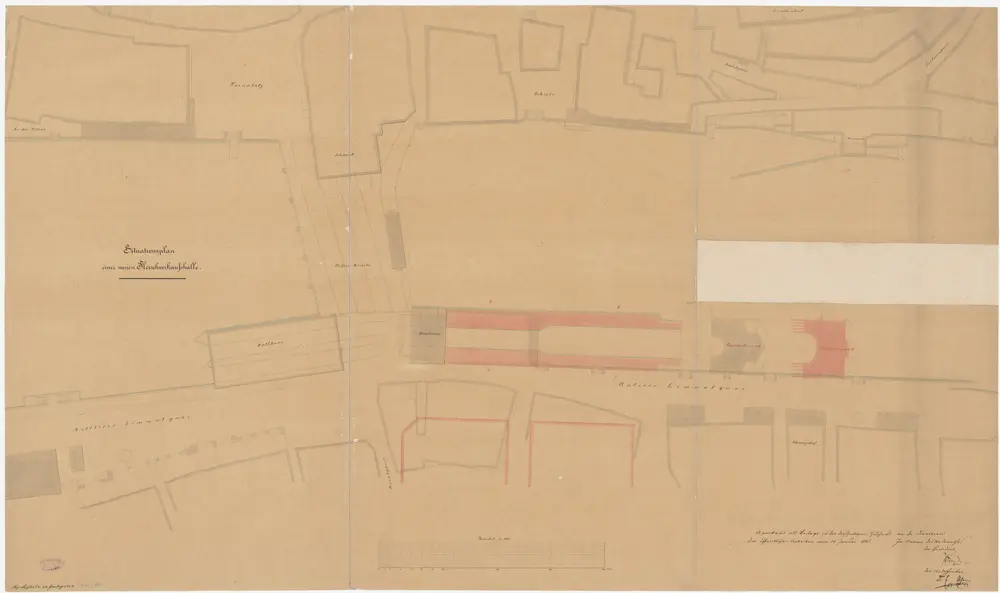 Zürich: Fleischhalle, Fundamente und Änderungen der bestehenden Gebäude; Situationsplan (Zürichsee-Abfluss Nr. 58)