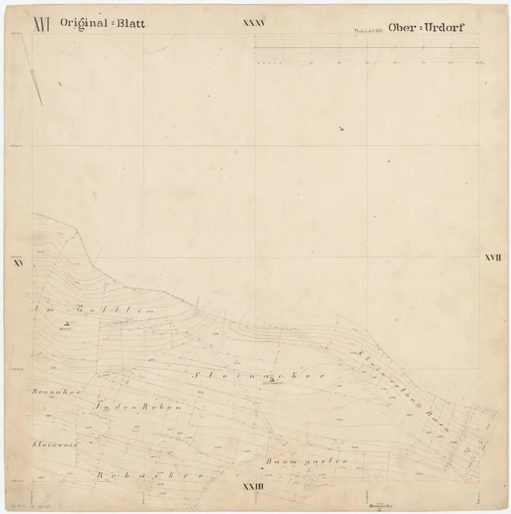 Oberurdorf: Gemeinde; Katasterpläne: Blatt XVI: Im Geltli, Brunnacher, In den Reben, Steinäcker, Chliroten-Rain (Kleinrothen Rain), Chliweidli (Kleinweid), Rebächer und Baumgarten; Situationsplan