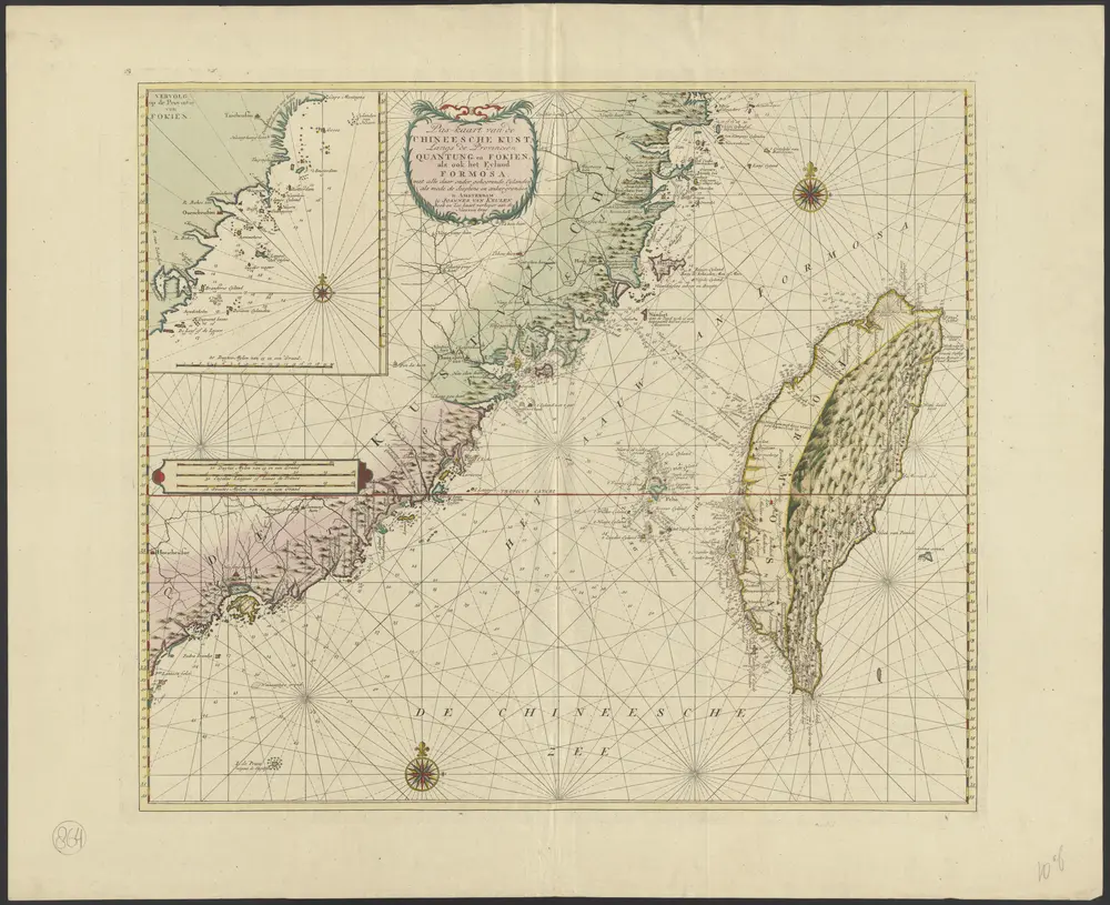 Pas-kaart van de Chineesche Kust, langs de Provincien Quantung en Fokien, als ook het Eyland Formosa, met alle daar onder gehoorende eylanden als mede de dieptens en ankergronden