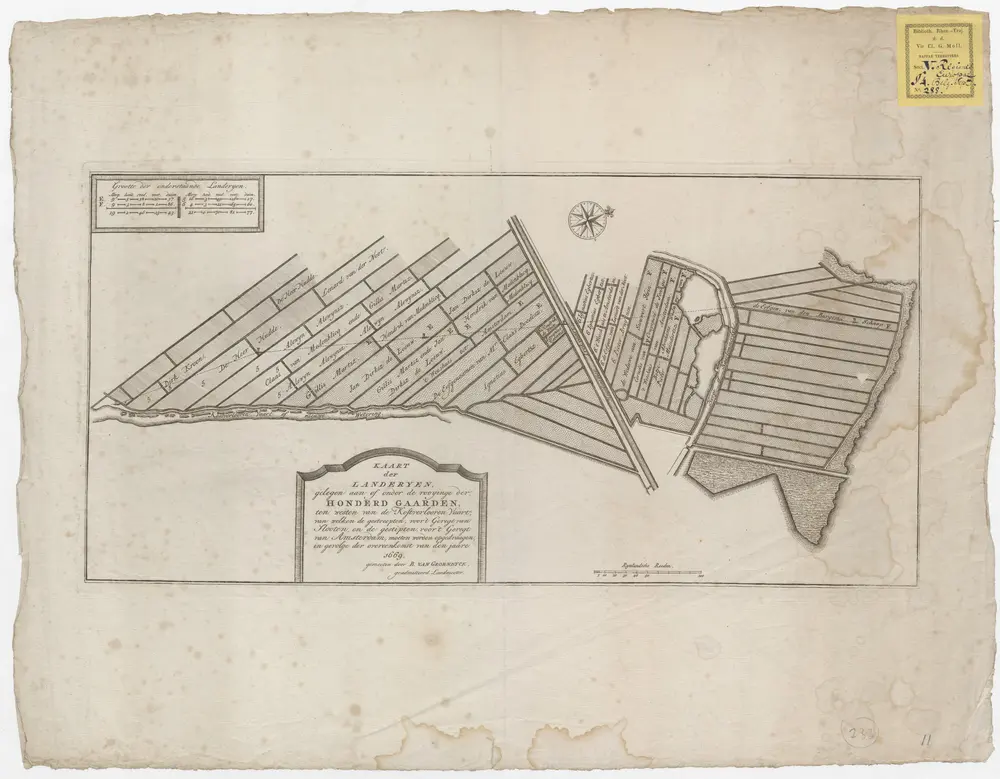 Kaart der landeryen, gelegen aan of onder de Honderd Gaarden, zo in de Buitenvelder- als stads-polder, van welken de gestreepten van 't Geregt van Nieuwer-Amstel of Amsterveen, en de gestipten, voor 't Geregt van Amsterdam moeten opgedraagen worden enz.