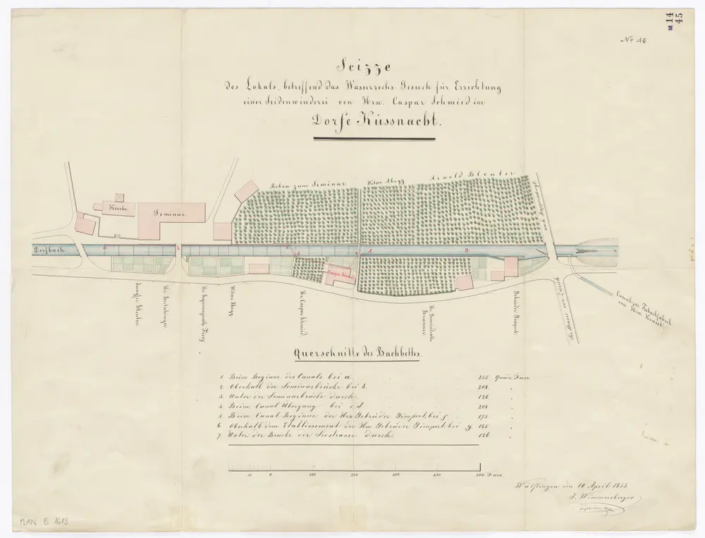 Küsnacht: Seminar-Areal, Wasserrechtsgesuch für die Errichtung einer Seidenwinderei von Caspar Schmied; Situationsplan