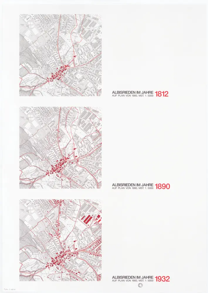 Historische Bauzustände der Zürcher Aussenquartiere in 48 Blättern: Albisrieden in den Jahren 1812, 1890 und 1932 auf Plänen von 1980; Übersichtspläne