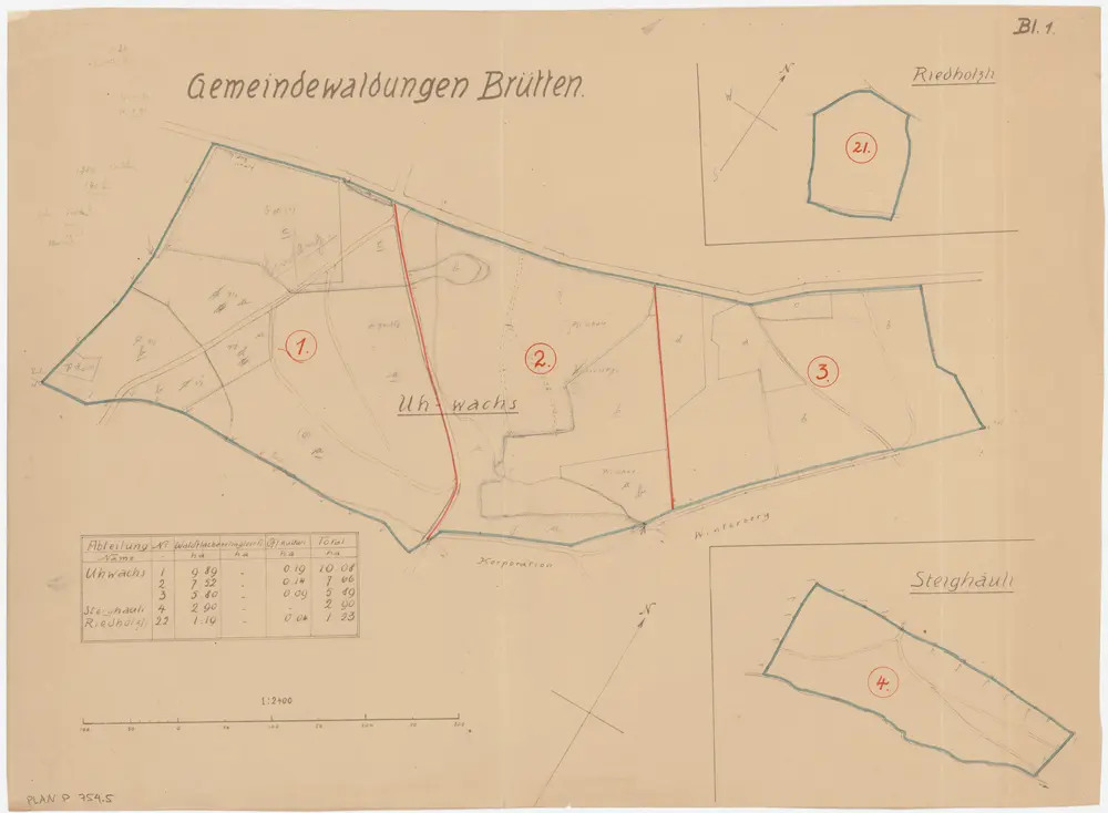 Brütten: Gemeinde- und Genossenschaftswaldungen: Gemeindewaldungen Uewachs (Uhwachs), Steighäuli, Riedhölzli; Grundrisse (Blatt 1)