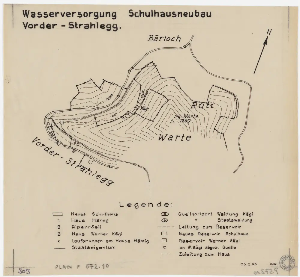 Fischenthal, Goldingen SG: Waldungen: Fischenthal: Wasserversorgung zum Schulhausneubau in der Vorderstrahlegg, Grundriss