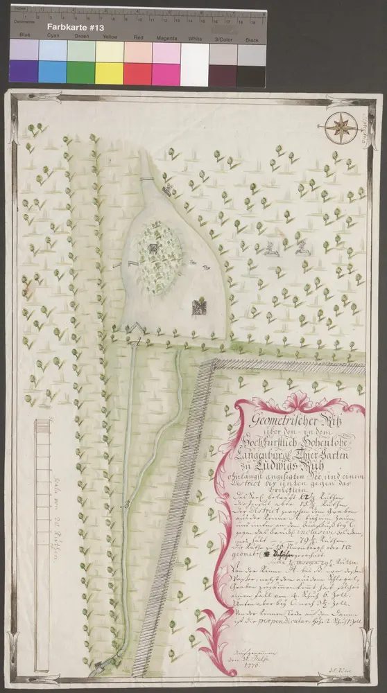 HZAN GA 100_Nr. 239_ : Langenburg-Ludwigsruhe; "Geometrischer Riß über den ... Langenburgischen Tiergarten zu Langenburg";J.L. Rübel;20 Ruten = 20 cm;28,5 x 46,5 cm; Norden rechts;Papier; Wasserfarben; Darstellung des Tiergartens mit Einzäunung.