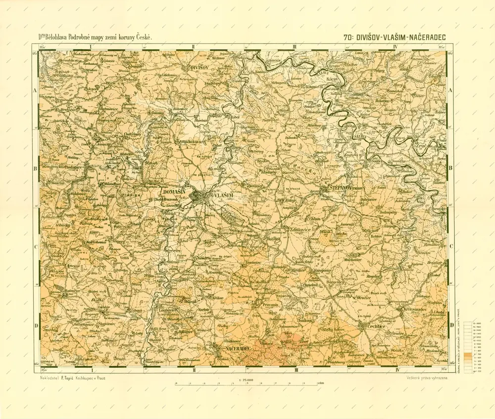 Podrobné mapy zemí Koruny české v měřítku 1:75.000 a mapa vzdáleností všech míst při silnici ležících - Divišov - Vlašim - Načeradec. Průvodce statisticko-historický po všech místech na těchto mapách uvedených a rejstřík věcný názvů hor, potoků, řek, rybníků atd. Sešit 17. List 70,